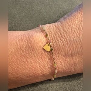 14/20 Yellow Gold Filled Dainty Crystal Bead Bracelet With 925 Heart Charm 6”